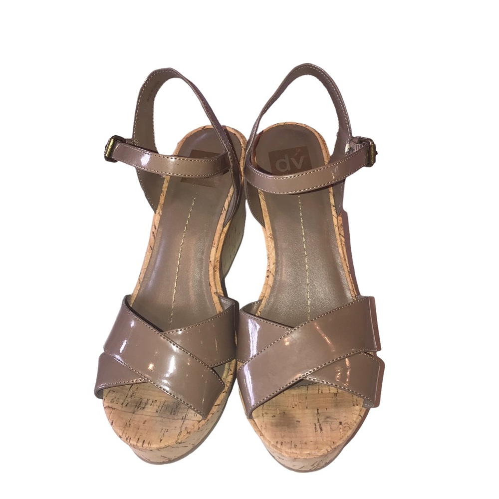 DV Dolce Vita Platform Cork Sandal Ankle Wrap Closure Strappy Shiny Open Toe 8.5